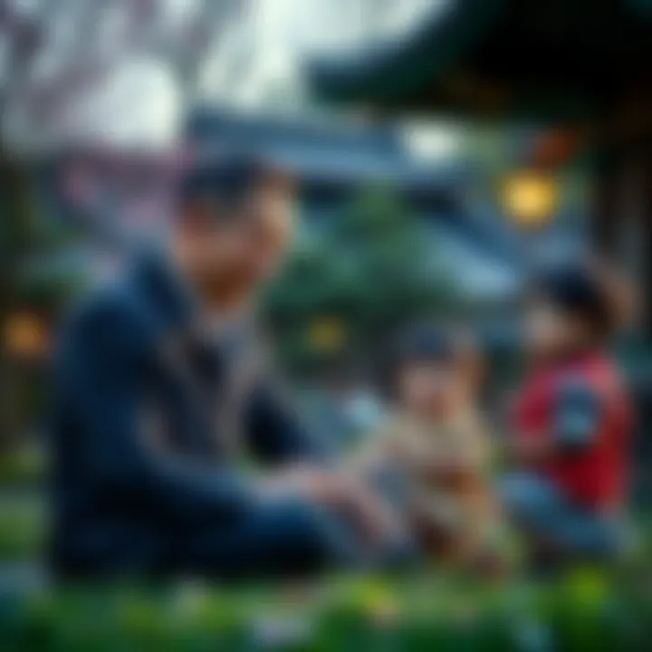 A Japanese father spending time with his children in a park, teaching them about their culture.