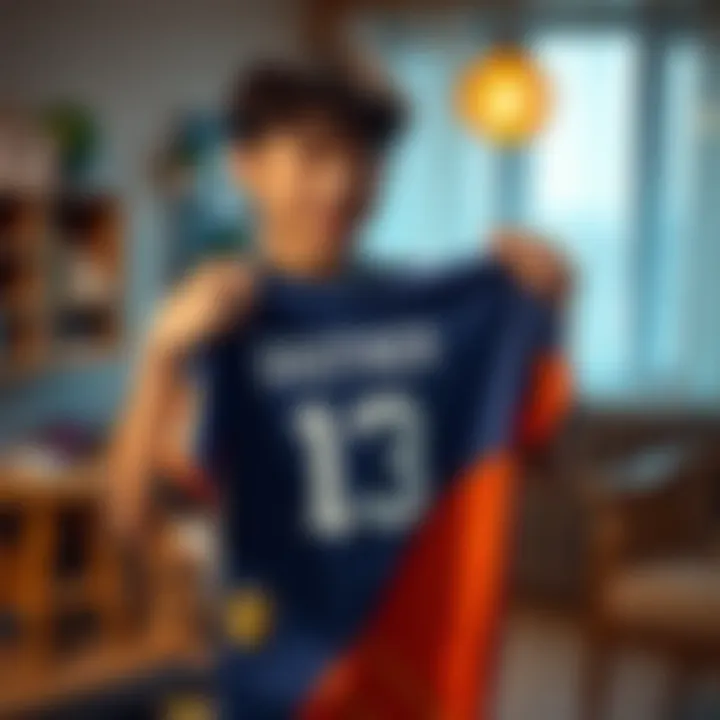A young man proudly displays a vibrant Japanese jersey with distinctive design details in a cozy room