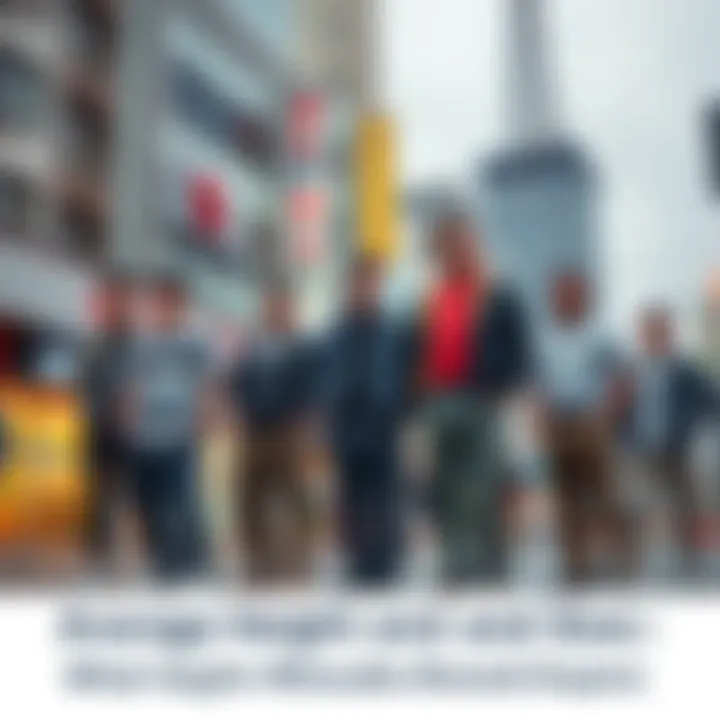 A group of Japanese men of varying heights and body types, showcasing average physical sizes in Japan, against a city backdrop.