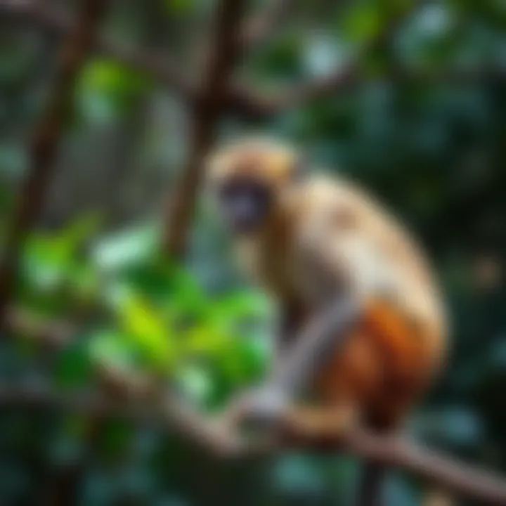 A Japanese monkey sitting on a branch in its natural habitat, showing its unique features and surroundings.