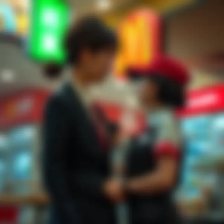 A Japanese salary woman in a suit facing off against a McDonald's cashier in a fast-food restaurant, highlighting their contrasting lives and social dynamics.