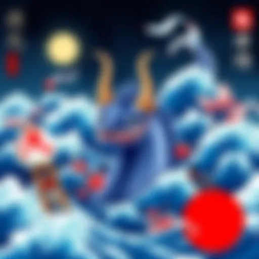 Illustration of a mythical sea creature representing the Sea Devil, surrounded by ocean waves and culturally significant symbols related to Japan.