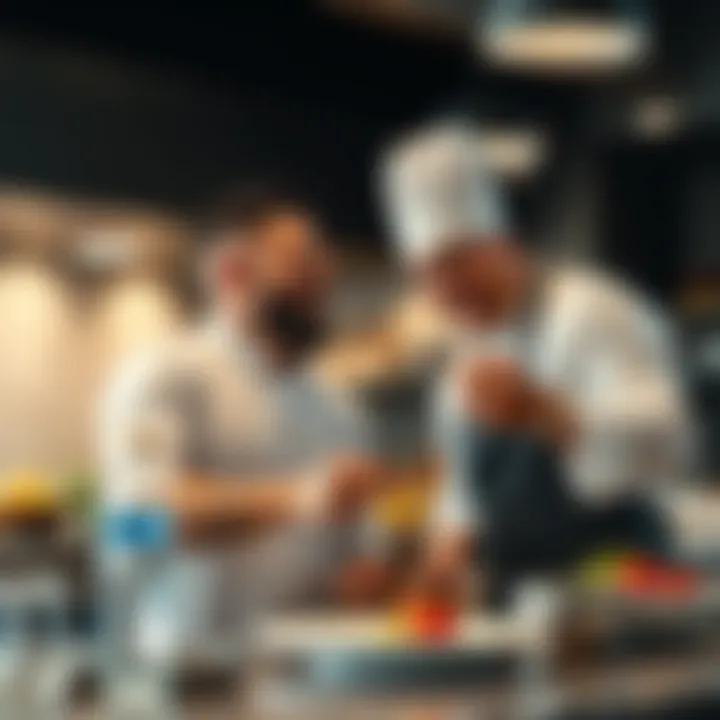 Japenis Alpha Male playfully interacting with Chef Chad in a kitchen, showcasing a fun culinary moment