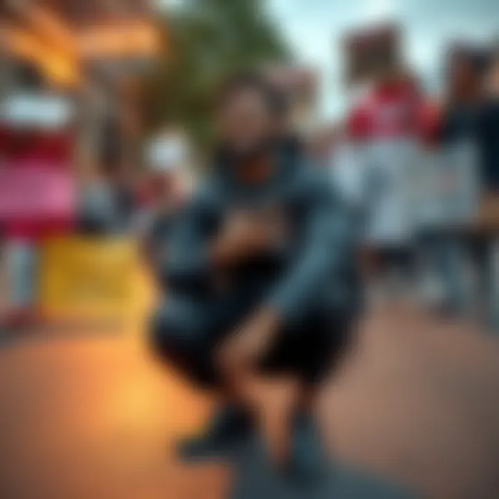 Japenis kneeling on a public street, showing support for social change in 2025, surrounded by diverse people holding signs for awareness.