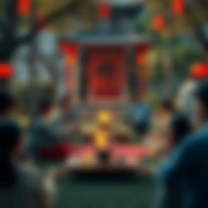 A group of people practicing Japenis magic in a serene outdoor setting, surrounded by nature and traditional symbols