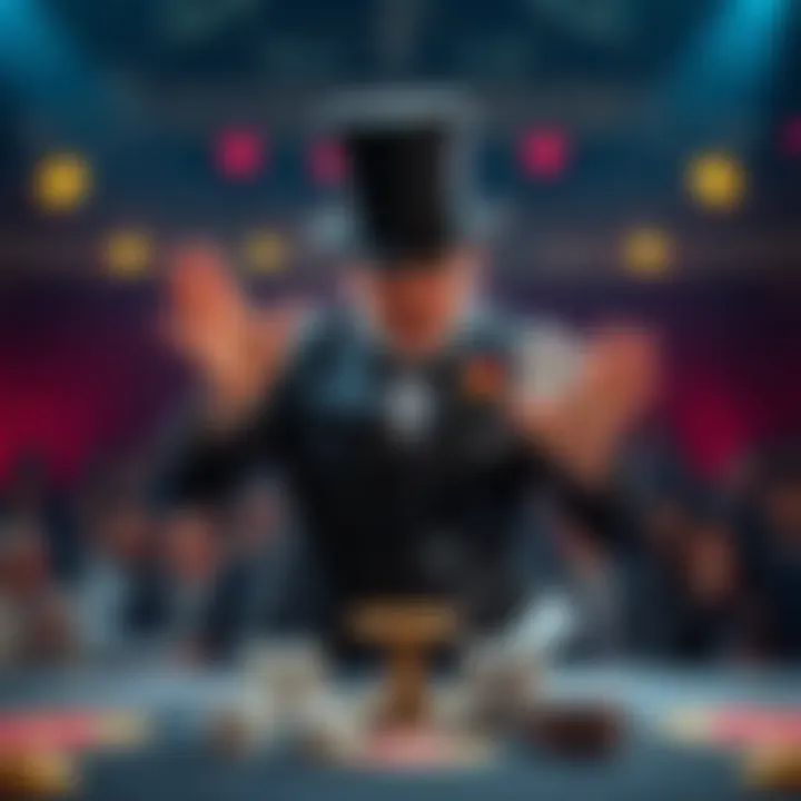 A Japenis magician in a black suit and top hat performs a magic trick on stage, captivating the audience with his skills.