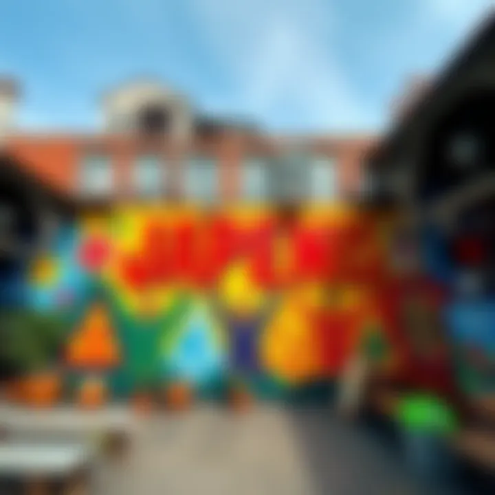 A colorful mural showcasing the Japenis motto with symbols reflecting cultural values, set in a vibrant community space.