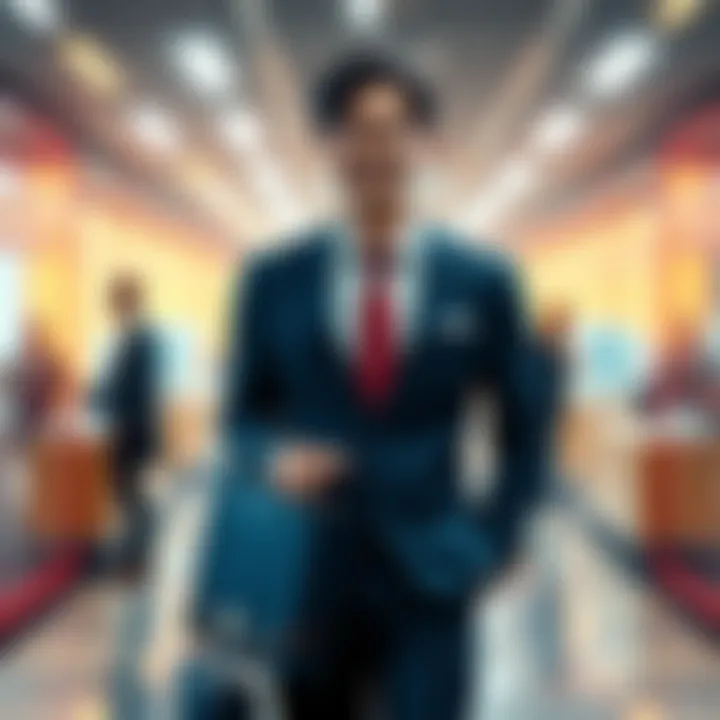 A Japenis salaryman in a smart suit, holding a briefcase, standing confidently in a modern office environment, reflecting new workplace dynamics.