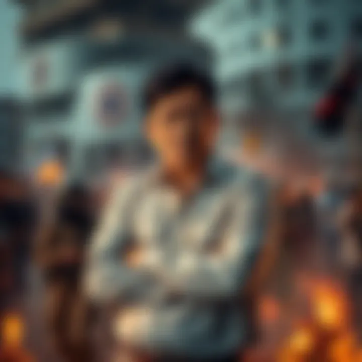 Japenis standing with arms crossed, looking serious amid protests and chaos in the background