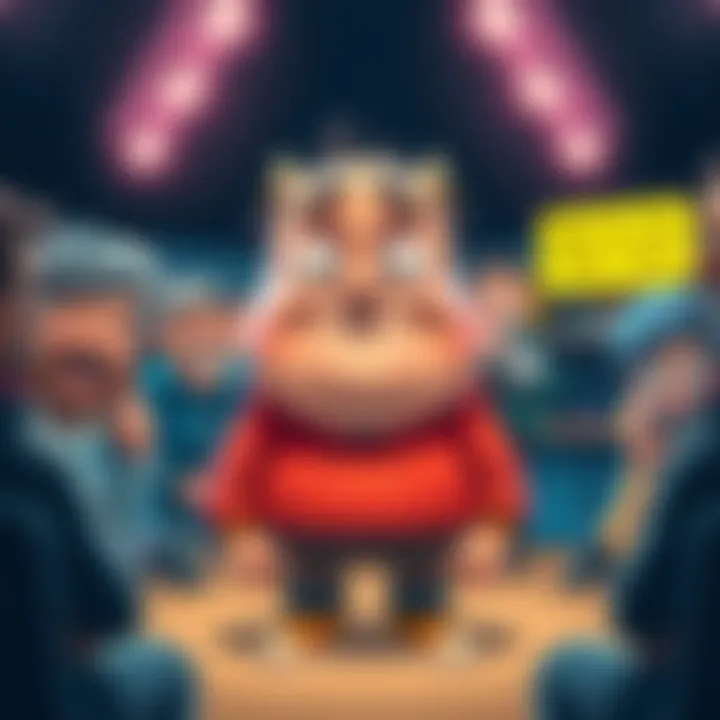 A cartoon character humorously struggling with exaggerated proportions, surrounded by laughing friends sharing funny anecdotes about it