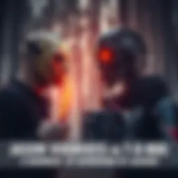 Jason Voorhees and T-800 Face Off Jason Voorhees, wearing a hockey mask and wielding a machete, confronts T-800, a robotic cyborg with glowing red eyes and a metal frame, in a dark forest setting.