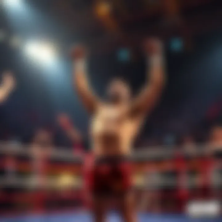 Jaune Celebrates Match Victory Jaune stands confidently in the ring, raising his arms in victory after an easy match, surrounded by cheering fans and bright lights.