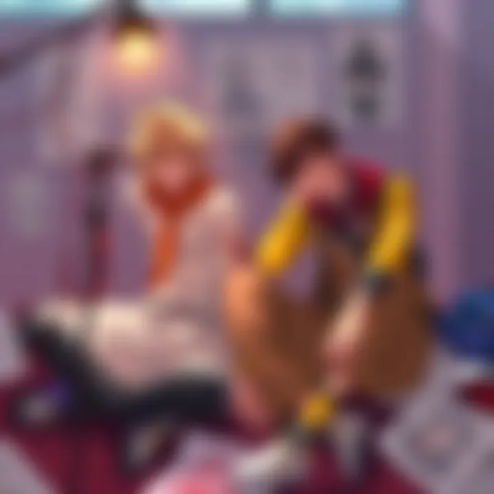 Jaune and Cardin sitting together, sharing ideas and laughing, surrounded by fan art and sketches showcasing their potential friendship, with a vibrant community atmosphere.