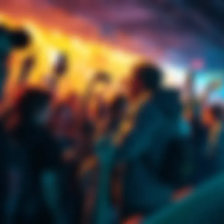 A character named Jaune interacts with a lively crowd of fans, showcasing excitement and energy in a vibrant setting.
