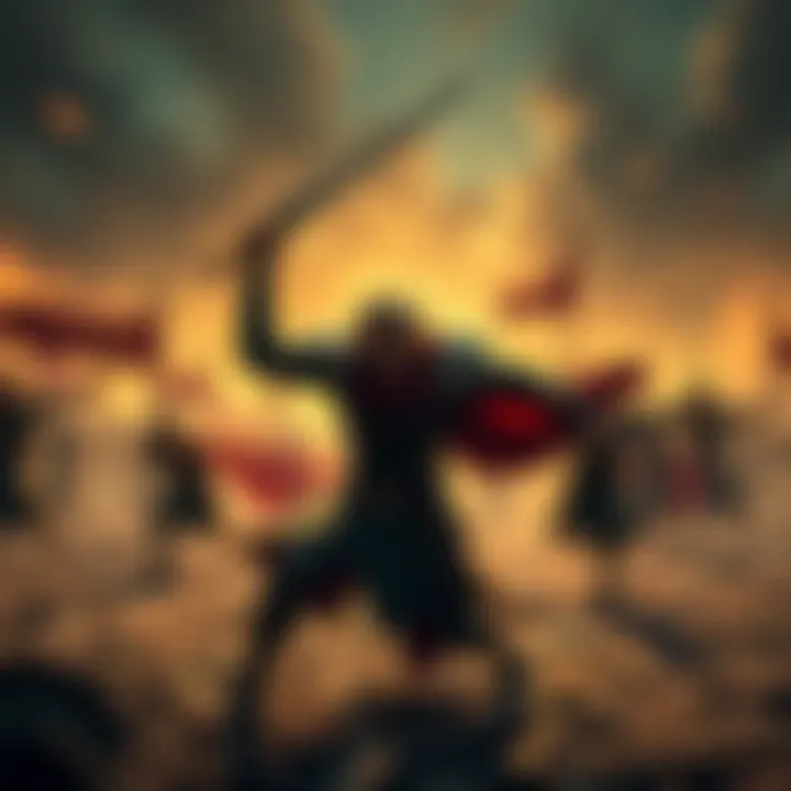 Jaune fighting valiantly on a battlefield, facing overwhelming odds, symbolizing his potential sacrifice instead of Pyrrha.
