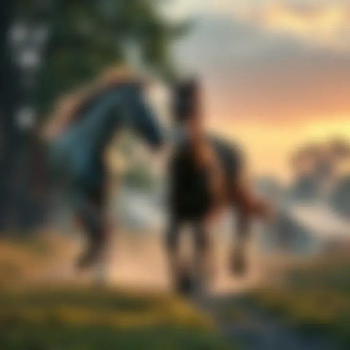 A horse galloping towards a young woman, highlighting a significant moment during an expedition, with trees and a distant camp in the background.