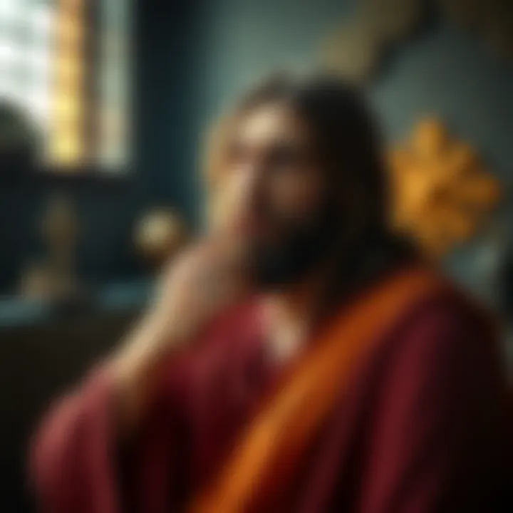 A character in a dramatic pose resembling Jesus, with a thoughtful expression and symbolic elements in the background.