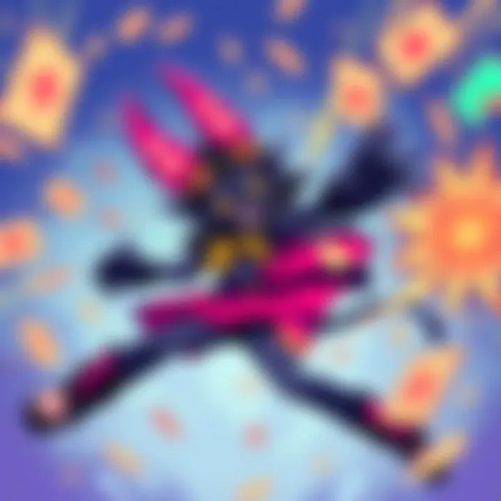 A colorful illustration of Jevil from Deltarune, showcasing card-like attacks and chaotic energy swirling around him. Bright colors and dynamic poses highlight his playful yet chaotic nature.