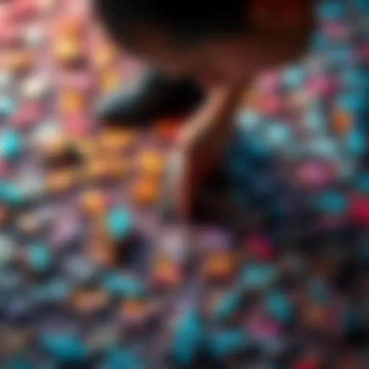 A person looking closely at a completed jigsaw puzzle with missing piece, surrounded by scattered puzzle pieces.