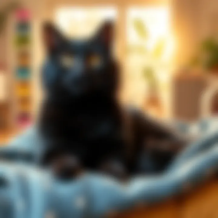 A black cat named Jiji sitting comfortably on a cozy blanket, with a warm look in its eyes. The background shows a bright, sunny room filled with cat toys and plants.