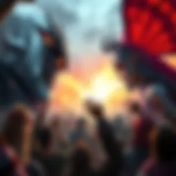 A dramatic scene showing Jijivil Eye and Enerna facing each other in an intense battle, surrounded by an excited crowd.