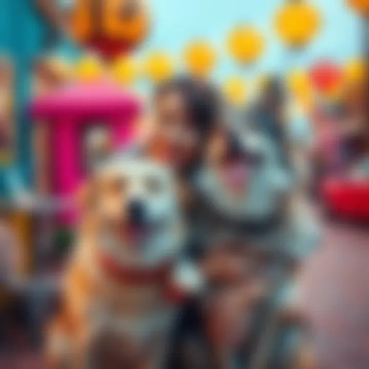 Jin happily poses with a playful dog in a colorful setting.