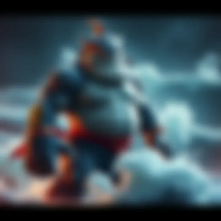 Jinbe, a large fish-man with a muscular build, stands in a battle stance looking determined, set against a backdrop of ocean waves.