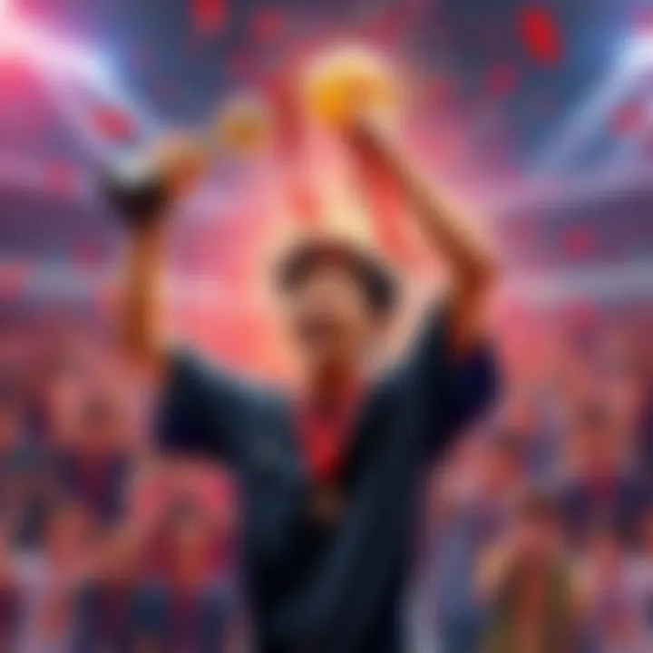 Jinsuke Hayashizaki raises his trophy after winning a tournament match, surrounded by fans cheering in the background