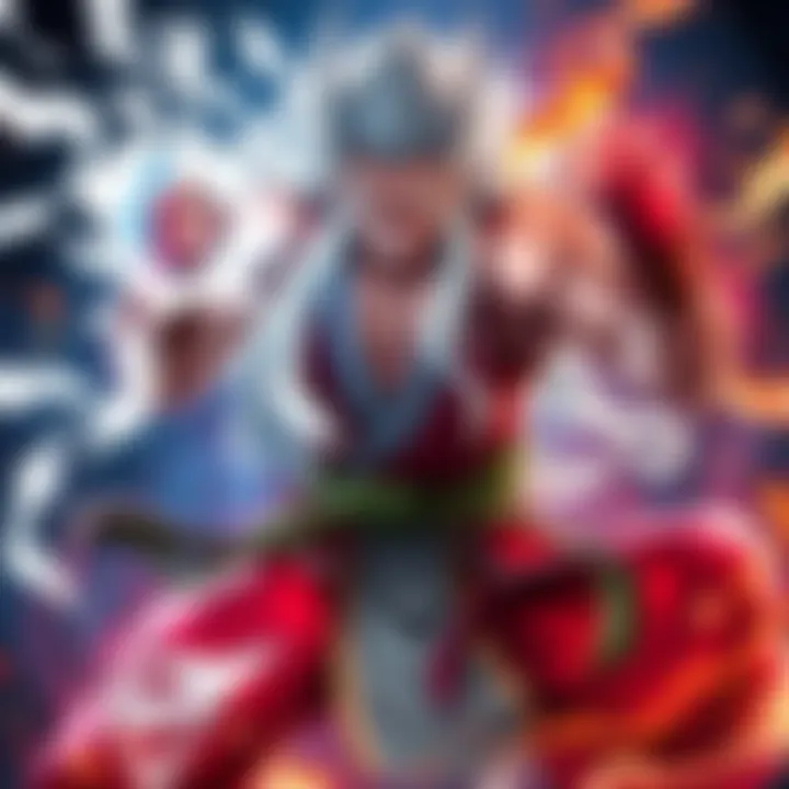 Jiraiya showcases his impressive skills in a dynamic pose, surrounded by energy and symbols of strength.