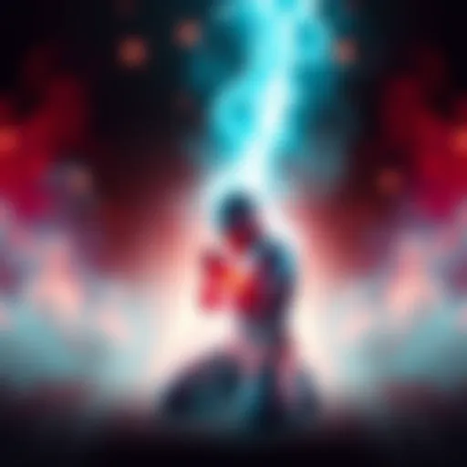 Jiren kneels in prayer, surrounded by a glowing aura as he gains power to battle El Hermano.