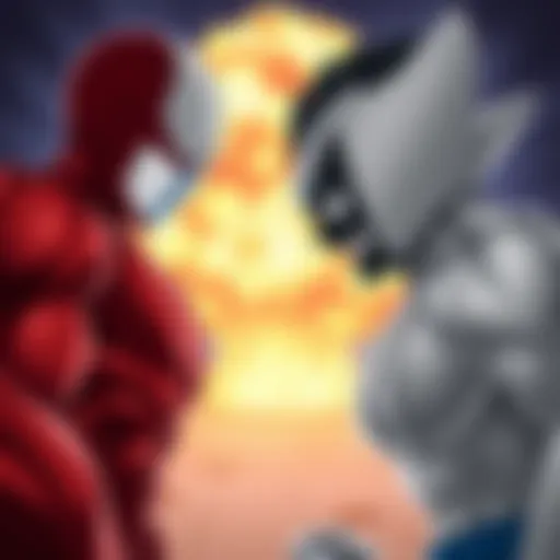 Jiren and Toguro in Combat Stance Jiren and Toguro facing each other in a tense battle stance, showcasing their muscular builds and intense expressions, with a backdrop of an explosion to highlight their power.