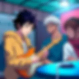 A scene showing Jiro playing a musical instrument with a group of friends, including Denki, who is smiling and enjoying the moment.