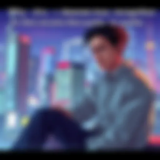 Jiro, a character with a calm expression, sitting thoughtfully with a backdrop of a vibrant cityscape representing his storyline