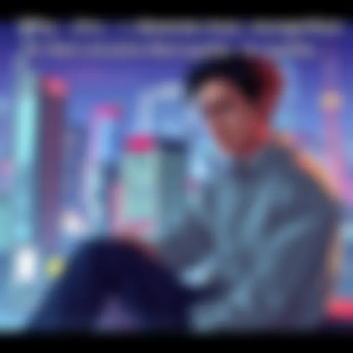 Jiro, a character with a calm expression, sitting thoughtfully with a backdrop of a vibrant cityscape representing his storyline