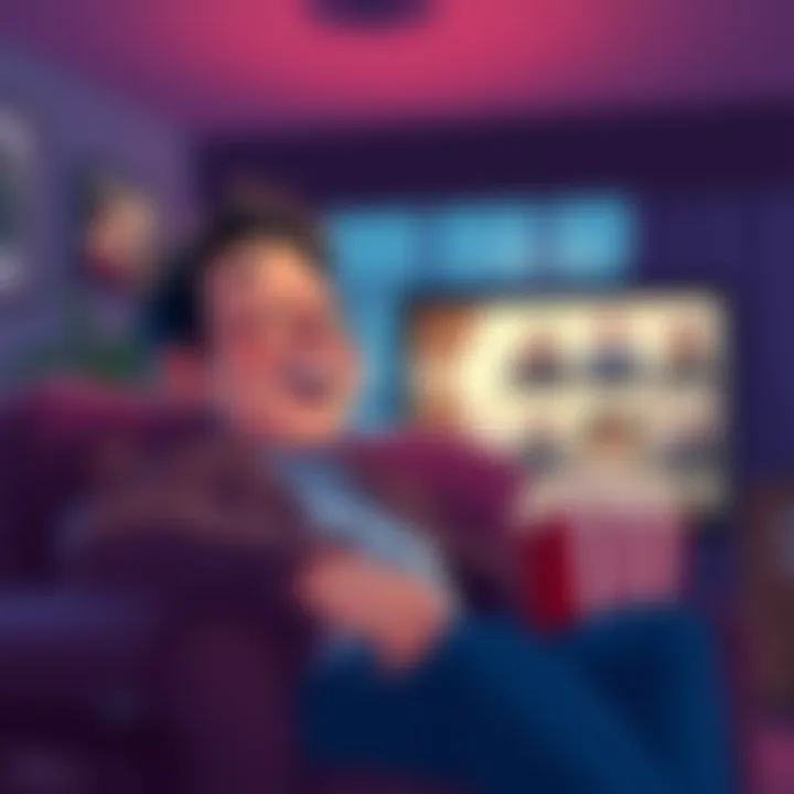 A character named Jiro laughing while watching a funny movie at home with popcorn