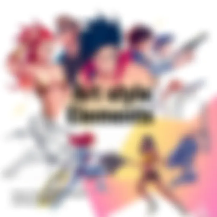 A colorful illustration showing the key elements of JJBA art style, including dynamic poses and vibrant colors, with sketches of characters in various action scenes.