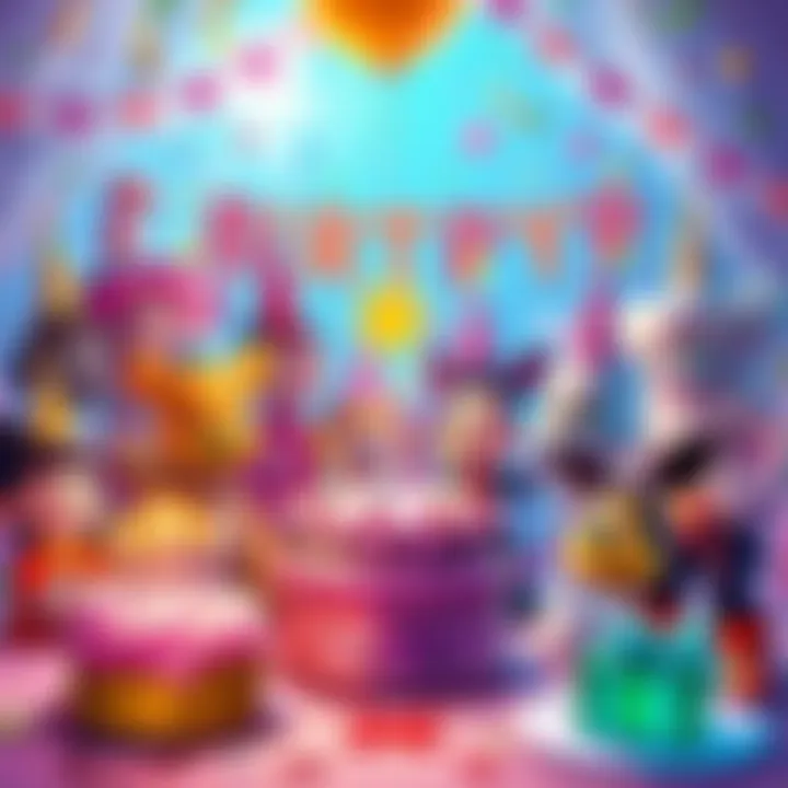 A colorful celebration scene featuring various JJBA characters with birthday hats and cakes