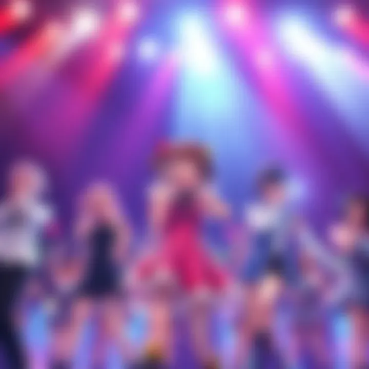 Sukuna and other Jujutsu Kaisen characters performing in an idol manga setting, with bright lights and a lively stage atmosphere