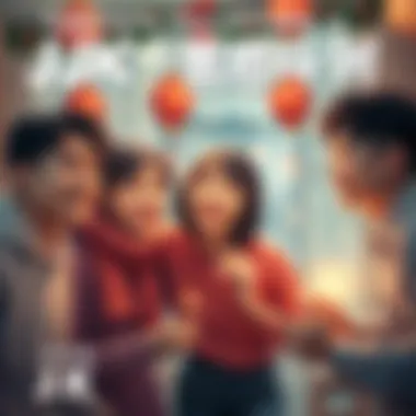 JJK Characters Celebrating a New Beginning Main characters from JJK share a joyful moment, symbolizing a happy ending with bright smiles and festive decorations in the background.