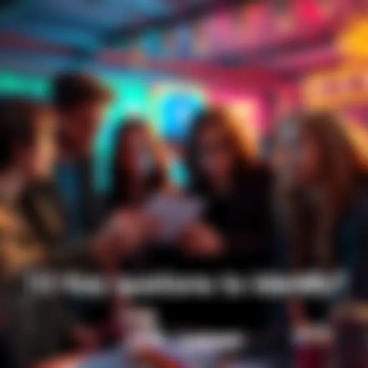 A group of friends discussing JJK lore with curious expressions, one person holding a notepad with questions, suggesting a quiz format.