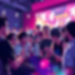 Fans gathered discussing the series rivaling JJK, showing excitement and enthusiasm in a vibrant setting.