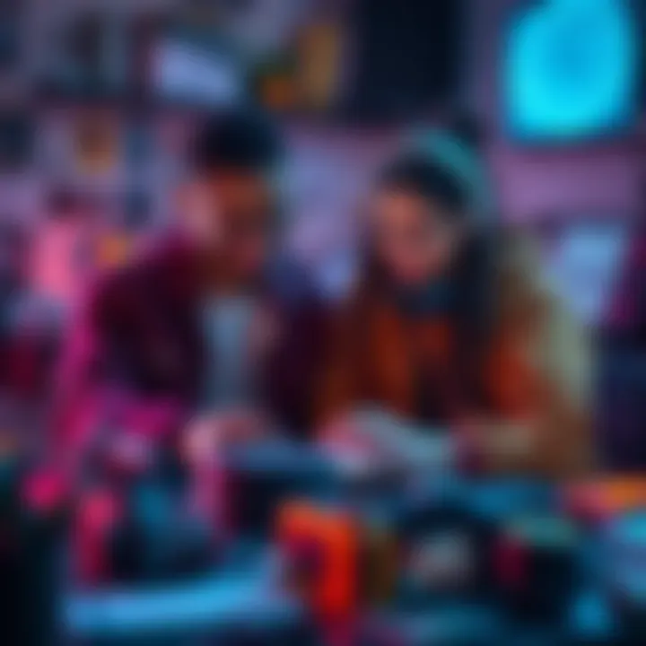 Two creative individuals collaborating on a project, surrounded by cultural elements and media tools.