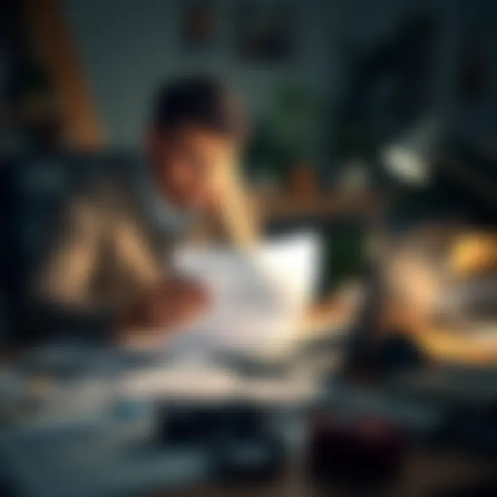 A job applicant looking nervous while reviewing a job application on a laptop, with documents scattered on a desk.