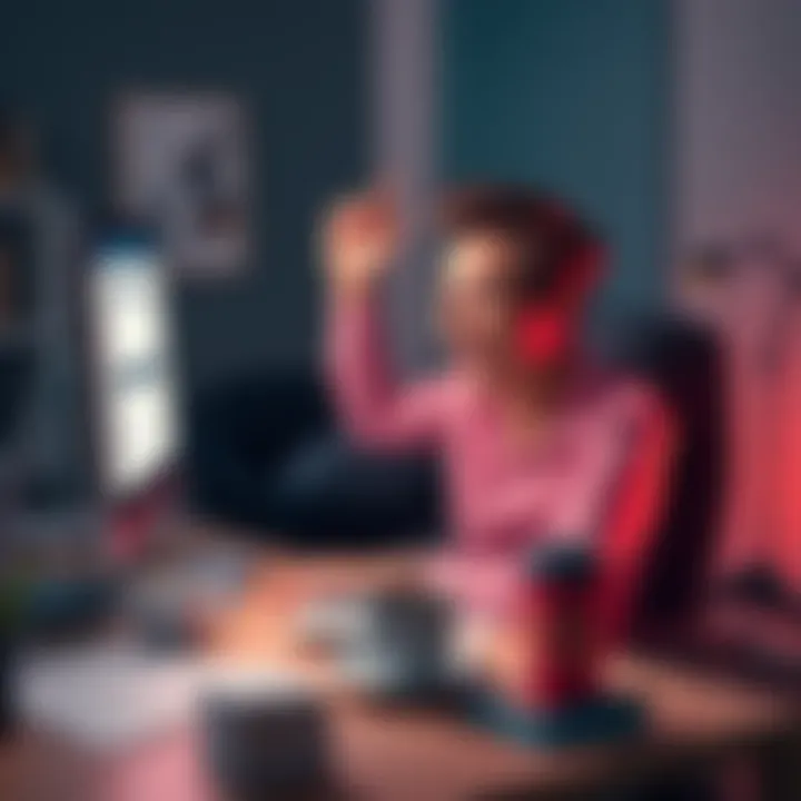 A person sitting at a desk, enthusiastically submitting a job application on their computer, surrounded by resume papers and a coffee cup.