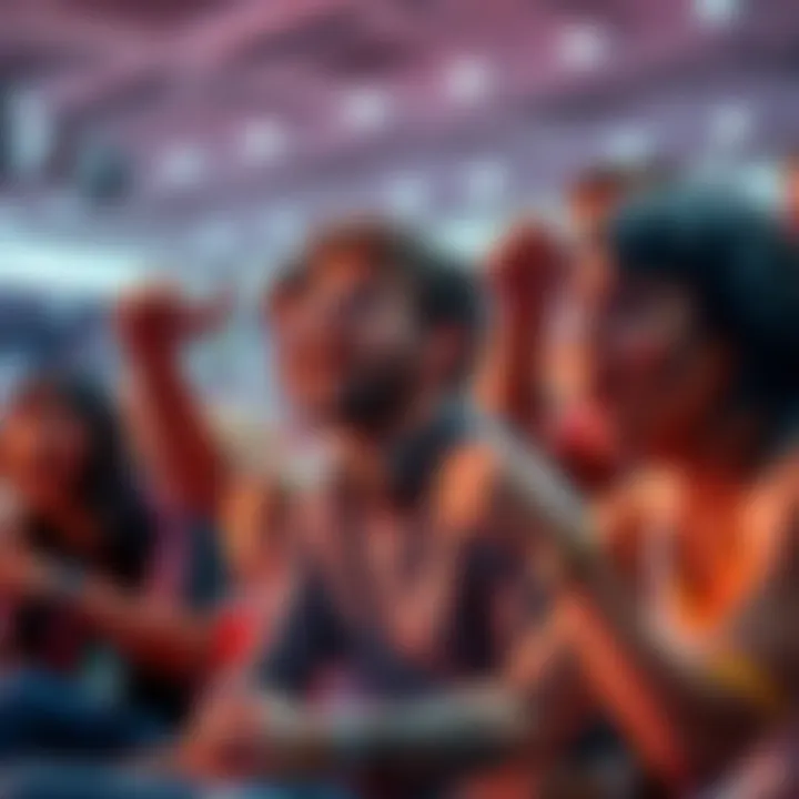 A group of people reacting with shock and surprise during a sports event, discussing the Jockstrap Incident.