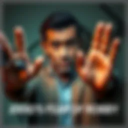 Jodio's Fear of Confrontation A man with a worried expression, holding his hands up in a defensive posture, as shadows of guns loom in the background