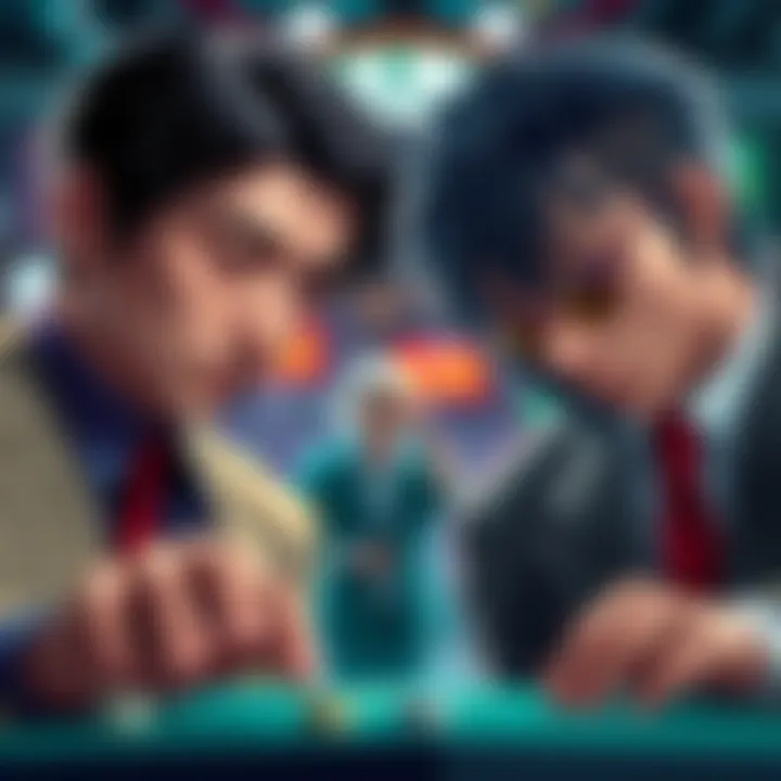 Joe Yabuki and Kaiji prepare for a high-stakes gambling showdown, showcasing their intense expressions and focused postures.