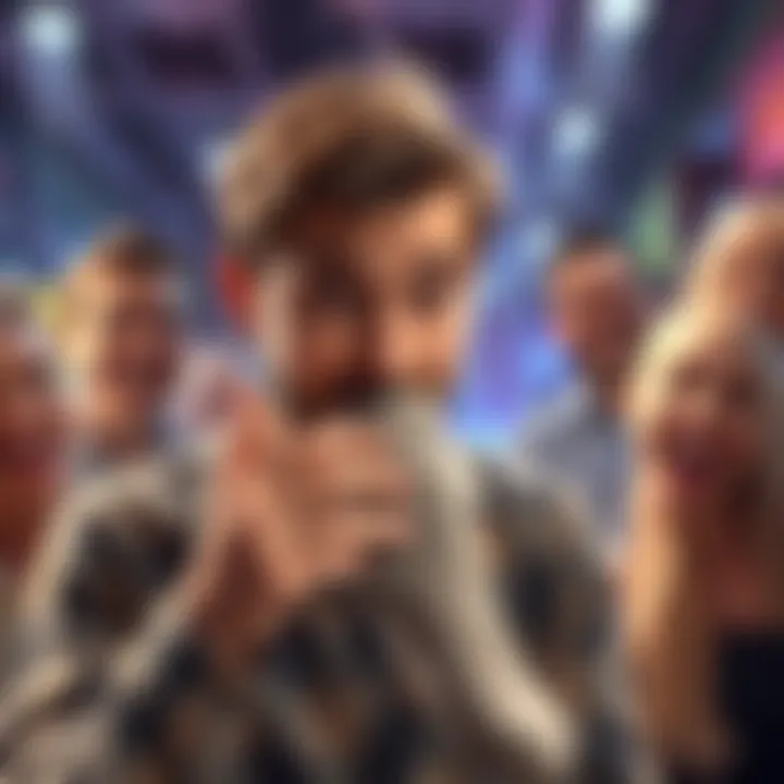 A scene of a guy smelling a sock with a surprised expression, surrounded by laughter and fun ambiance