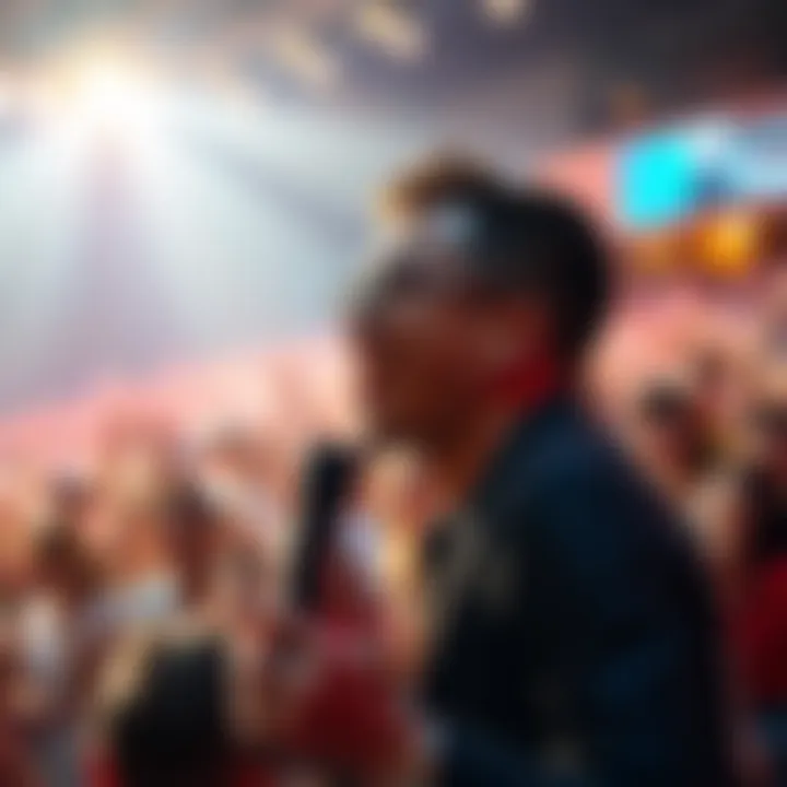 Johan Ily laughing while performing on stage, surrounded by a lively audience