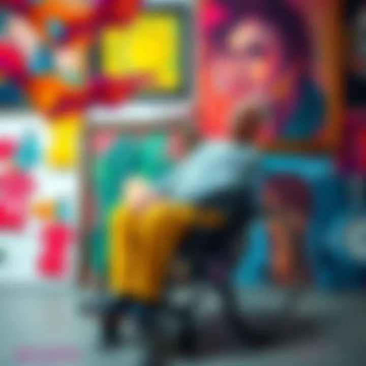 John Joestar seated in a wheelchair surrounded by colorful artwork that expresses freedom and creativity.